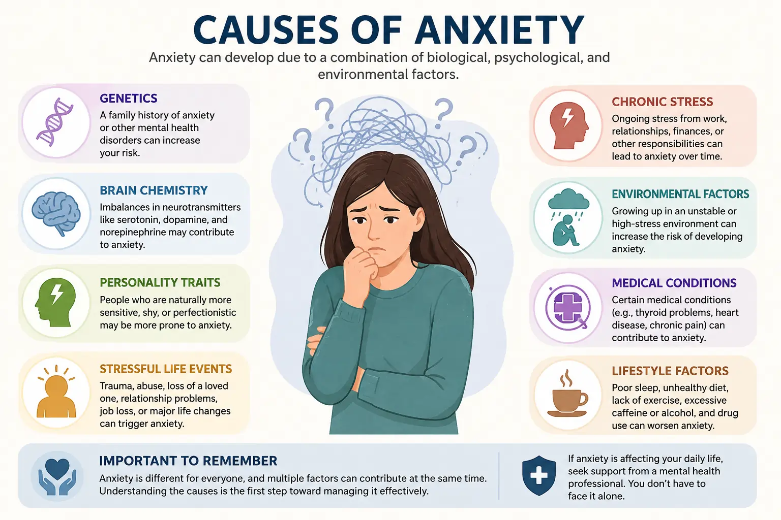 Anxiety causes infographic explaining genetics, chronic stress, brain chemistry, life events, and lifestyle factors linked to anxiety.