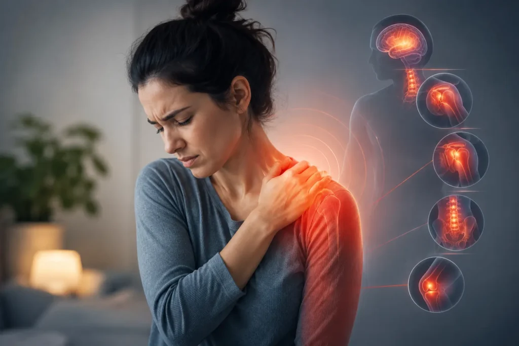 Woman holding her shoulder in visible discomfort with highlighted body areas and nervous system cues, illustrating how persistent discomfort may reflect ongoing signals and heightened body sensitivity beyond the initial cause.