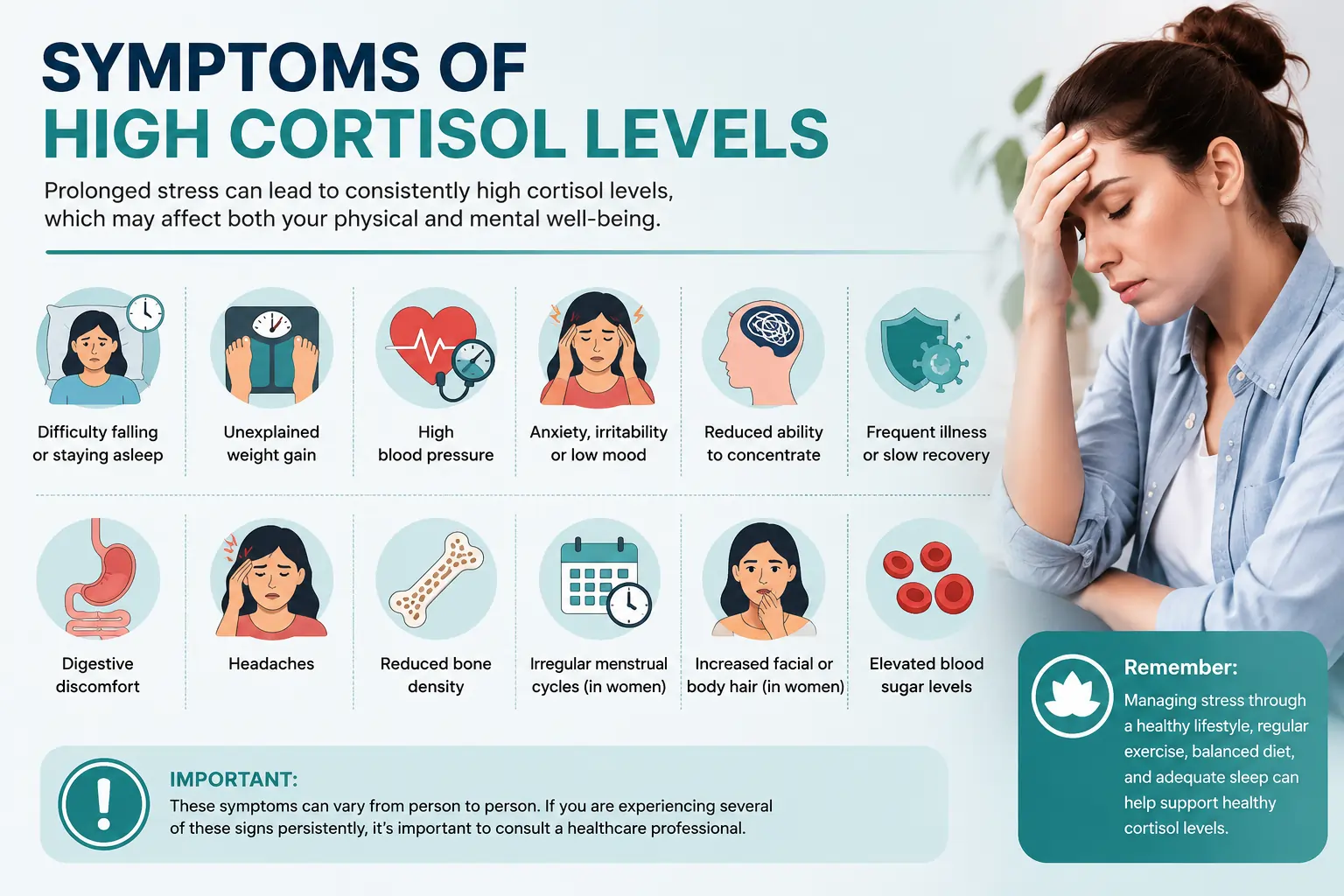 Showing the symptoms of high cortisol levels caused by chronic stress, including sleep difficulties, unexplained weight gain, high blood pressure, anxiety, poor concentration, weakened immunity, digestive issues, headaches, reduced bone density, irregular menstrual cycles, increased body hair in women, and elevated blood sugar levels. A stressed woman is featured alongside health icons and stress-management reminders.