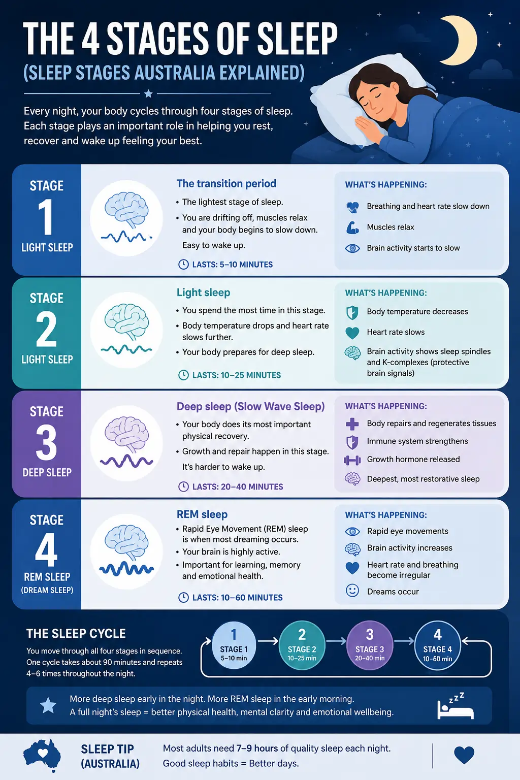 “Infographic explaining the 4 stages of sleep in Australia: Stage 1 light sleep, Stage 2 light sleep, Stage 3 deep sleep, and Stage 4 REM sleep, including sleep cycle timing and key body changes during each stage.”