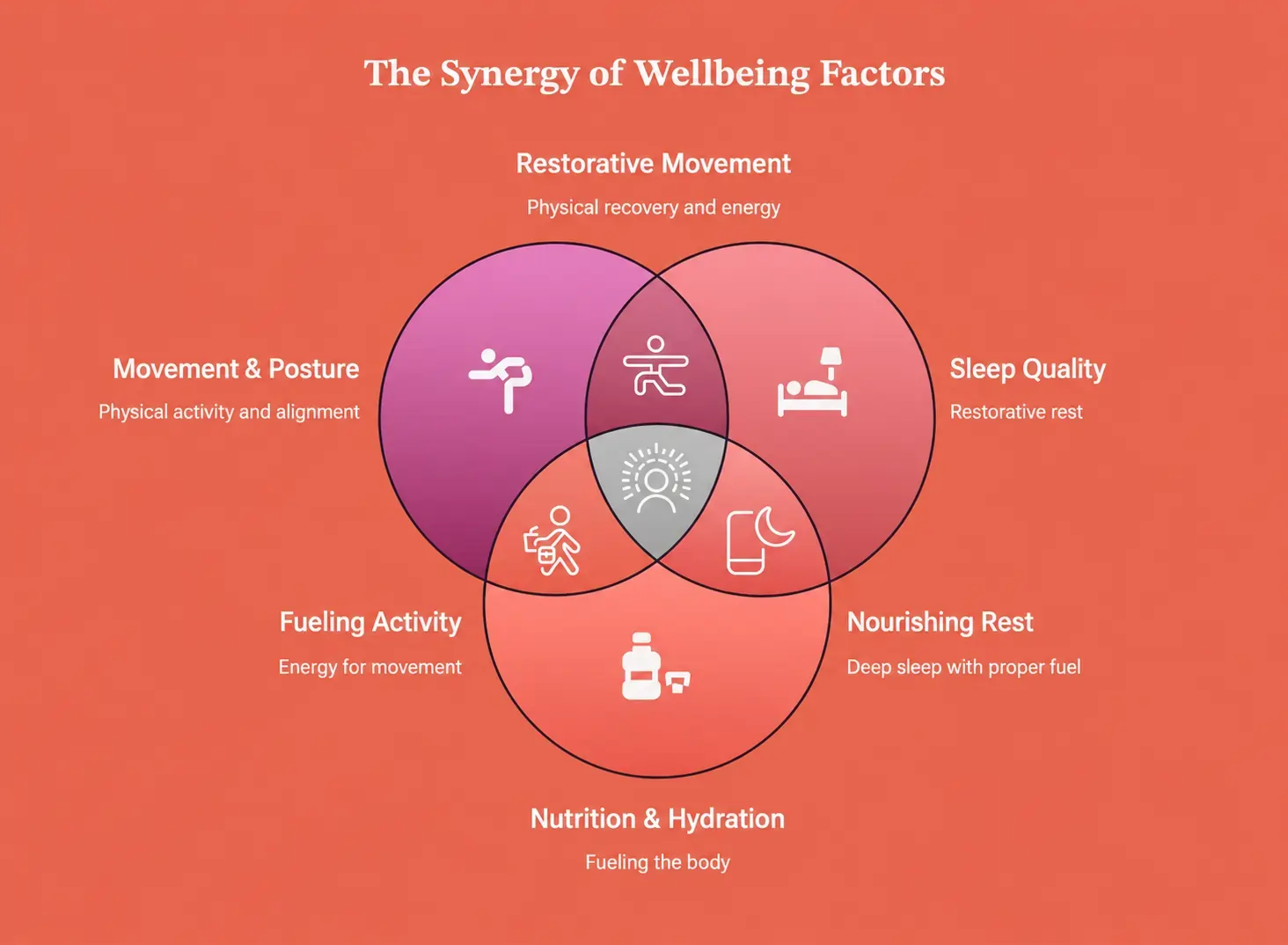 The synergy of wellbeing factors infographic linking posture, sleep quality and nutrition to everyday comfort wellbeing