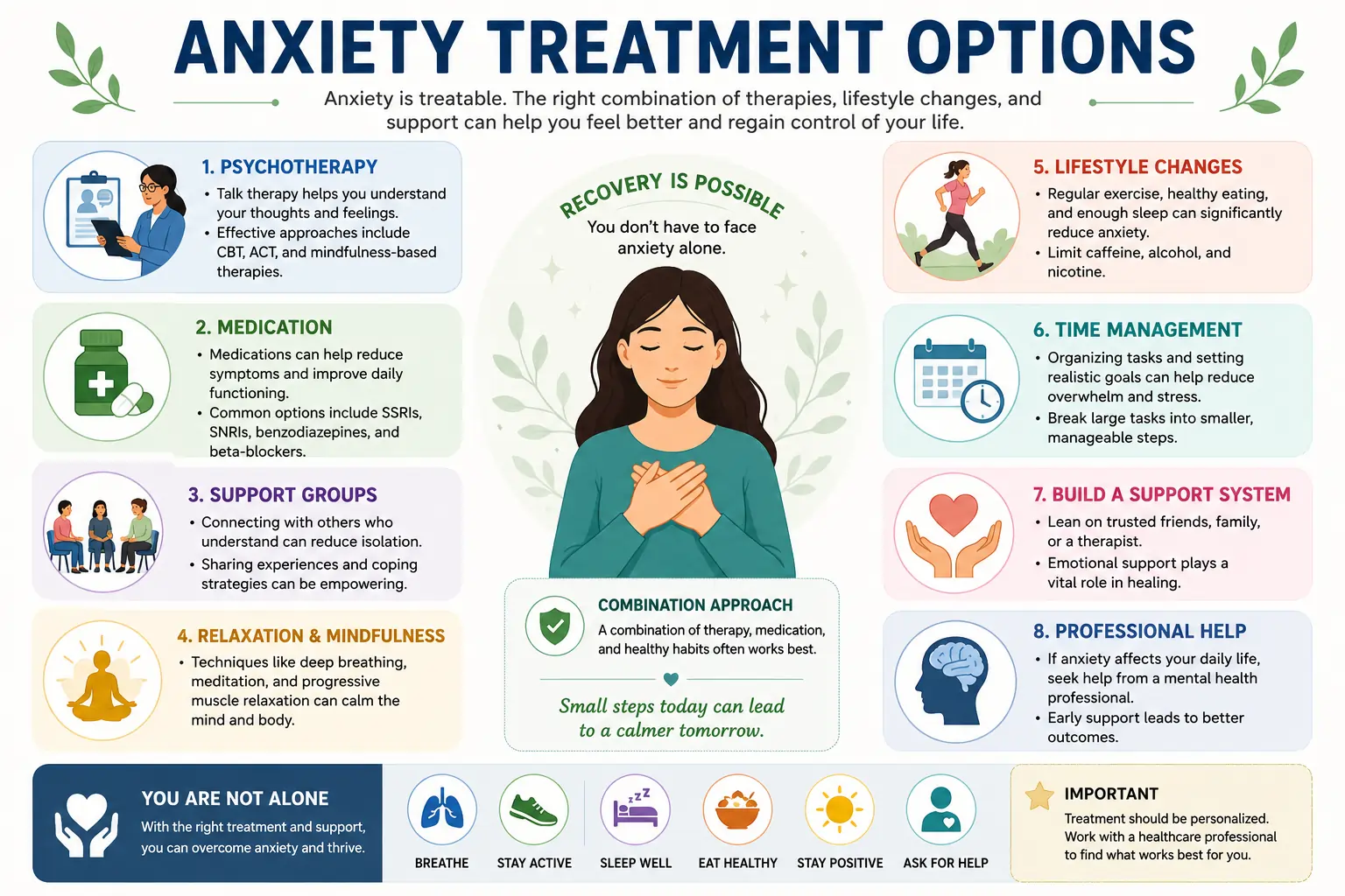 Anxiety treatment options infographic highlighting psychotherapy, medication, support groups, mindfulness techniques, lifestyle changes, time management, support systems, and professional mental health care.
