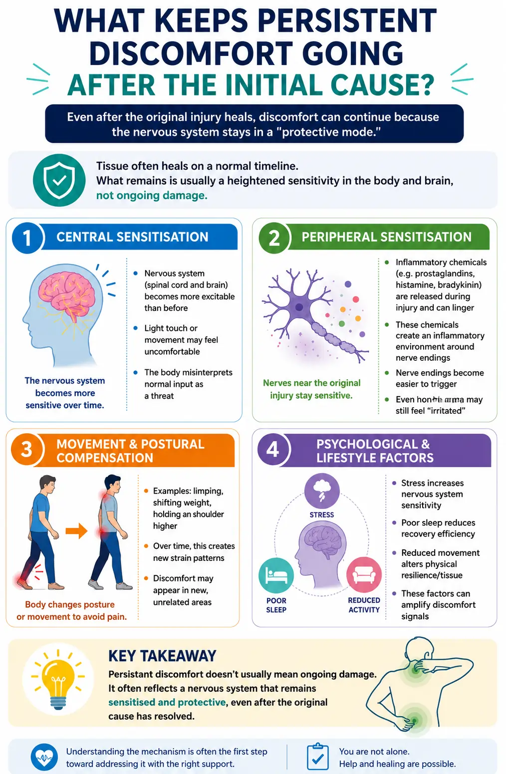 What Keeps Persistent Discomfort Going After the Initial Cause infographic showing nervous system sensitivity, nerve irritation, movement adaptations, stress, sleep, and activity factors that can prolong discomfort after tissue healing.