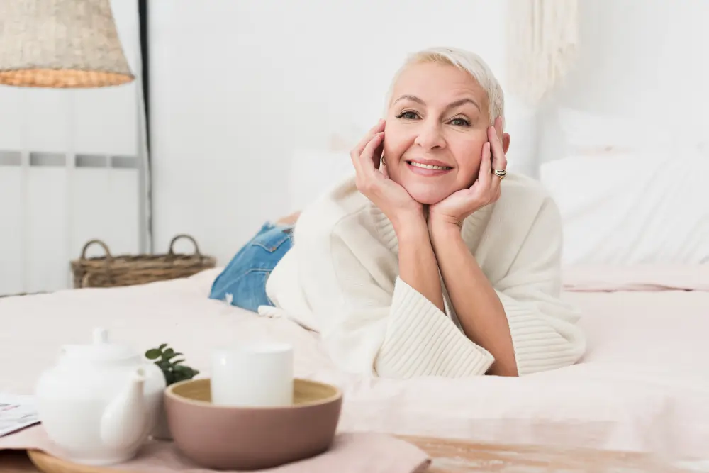 Smiling older woman relaxing after an active day, reflecting healthy ageing, mobility and comfort wellness over 50 in Australia.