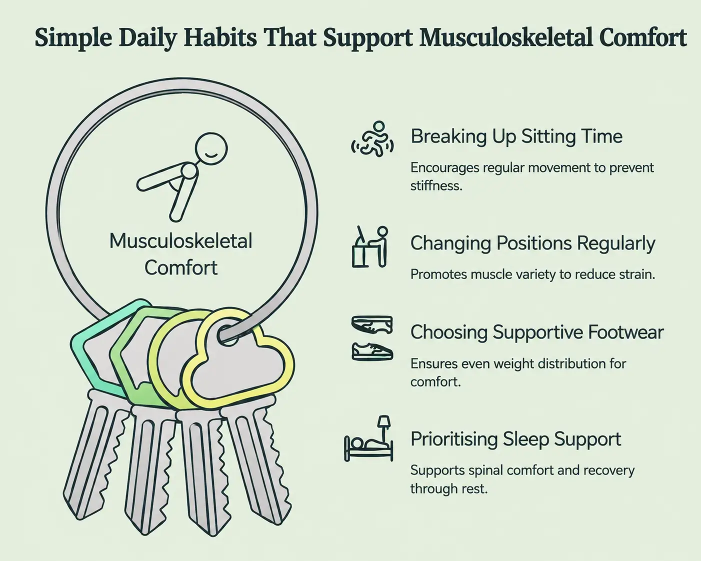 Illustration highlighting daily habits like movement, posture, supportive footwear and sleep to improve musculoskeletal comfort.