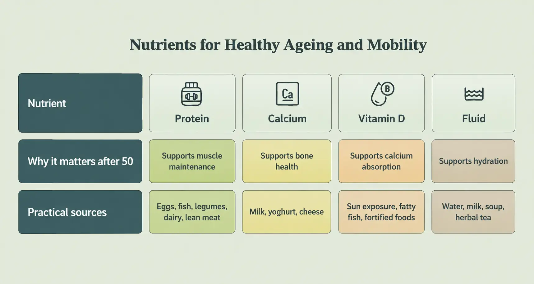 Infographic highlighting protein, calcium, vitamin D and fluids that support muscle recovery, bone strength and lasting comfort.