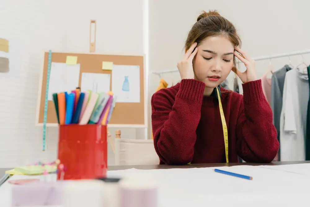 Young woman with a measuring tape around her neck, holding her temples in stress, showing signs of autistic and ADHD burnout while working at a creative desk.