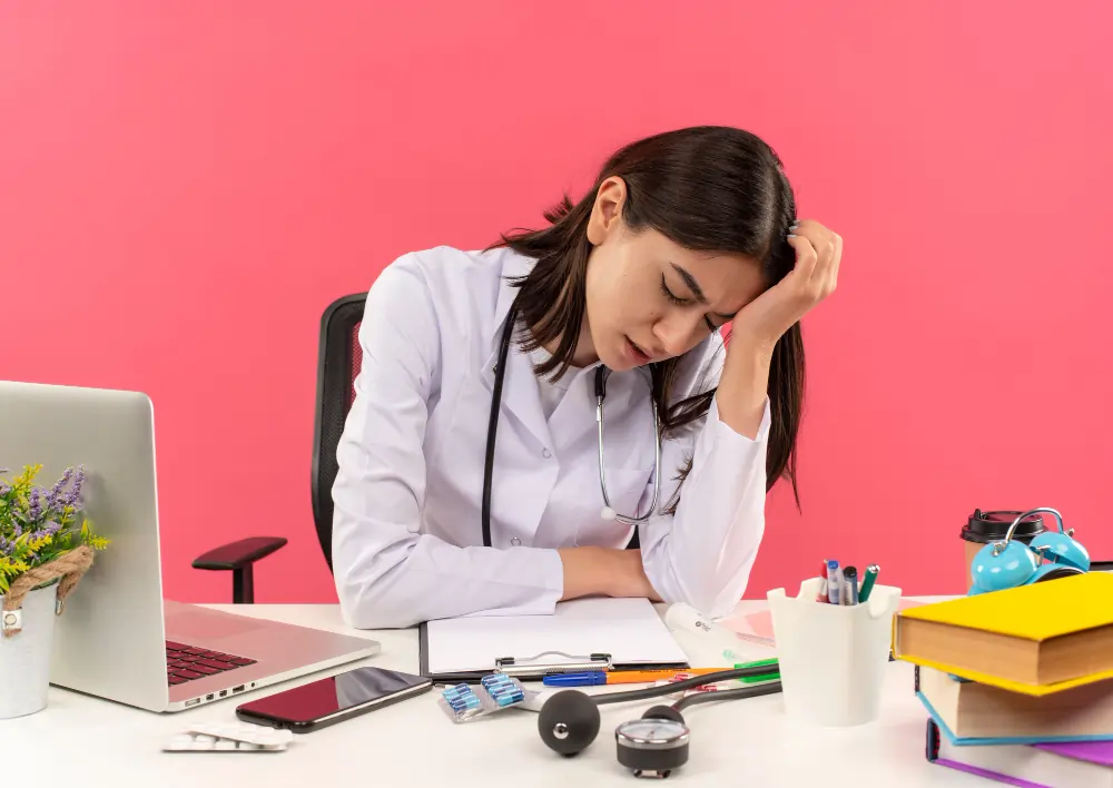 Exhausted healthcare worker in high-stress workplace holding head in frustration amid paperwork laptop stethoscope desk
