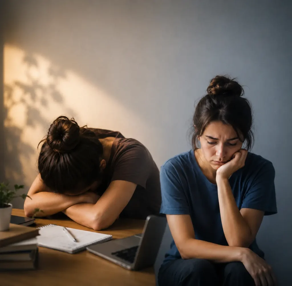 Two women at desk, one head down exhausted, other sad beside laptop, showing burnout anxiety depression contrast and mood.