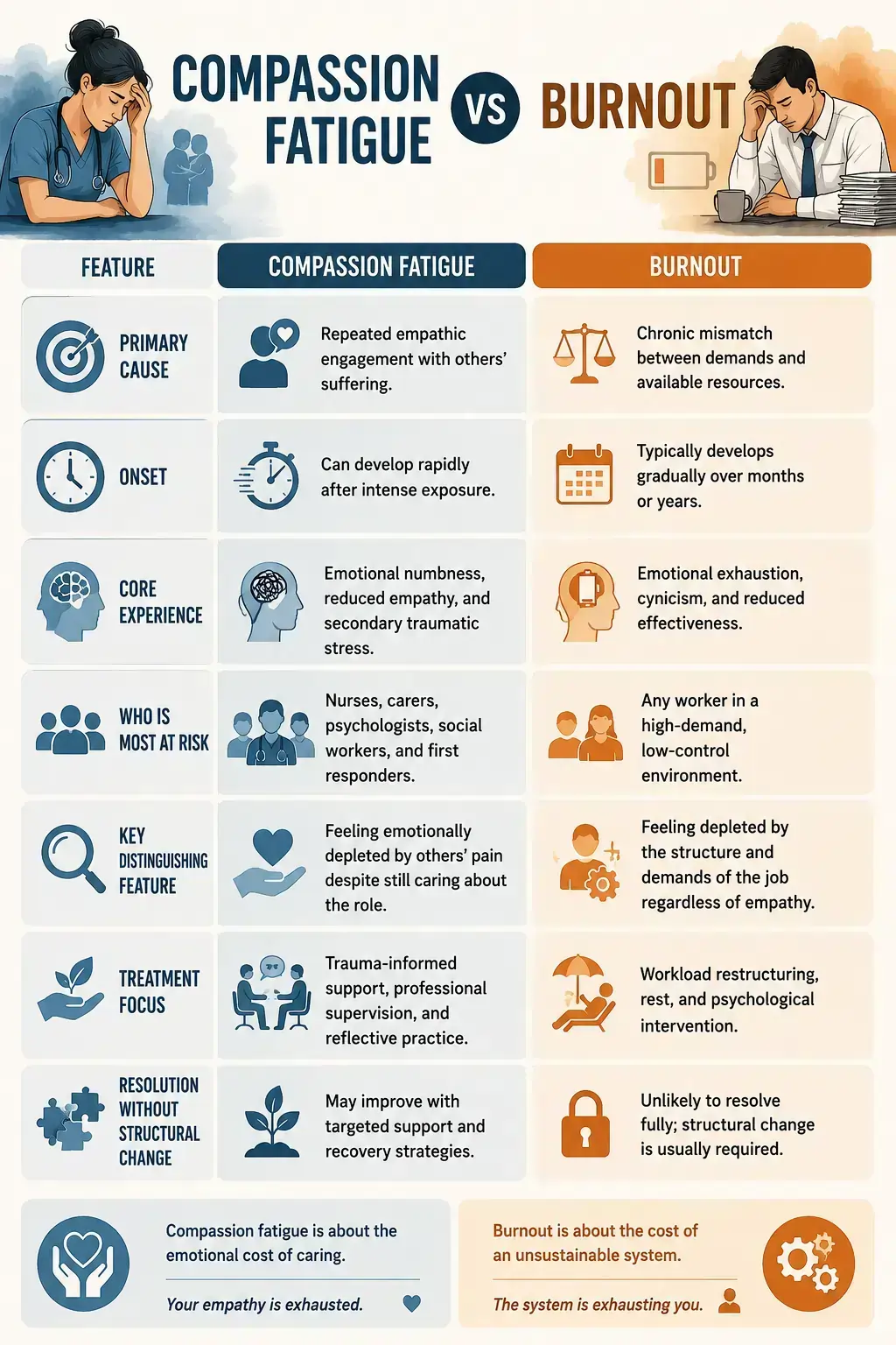 Infographic comparing compassion fatigue vs burnout in healthcare workers, outlining causes, symptoms, risks and recovery path