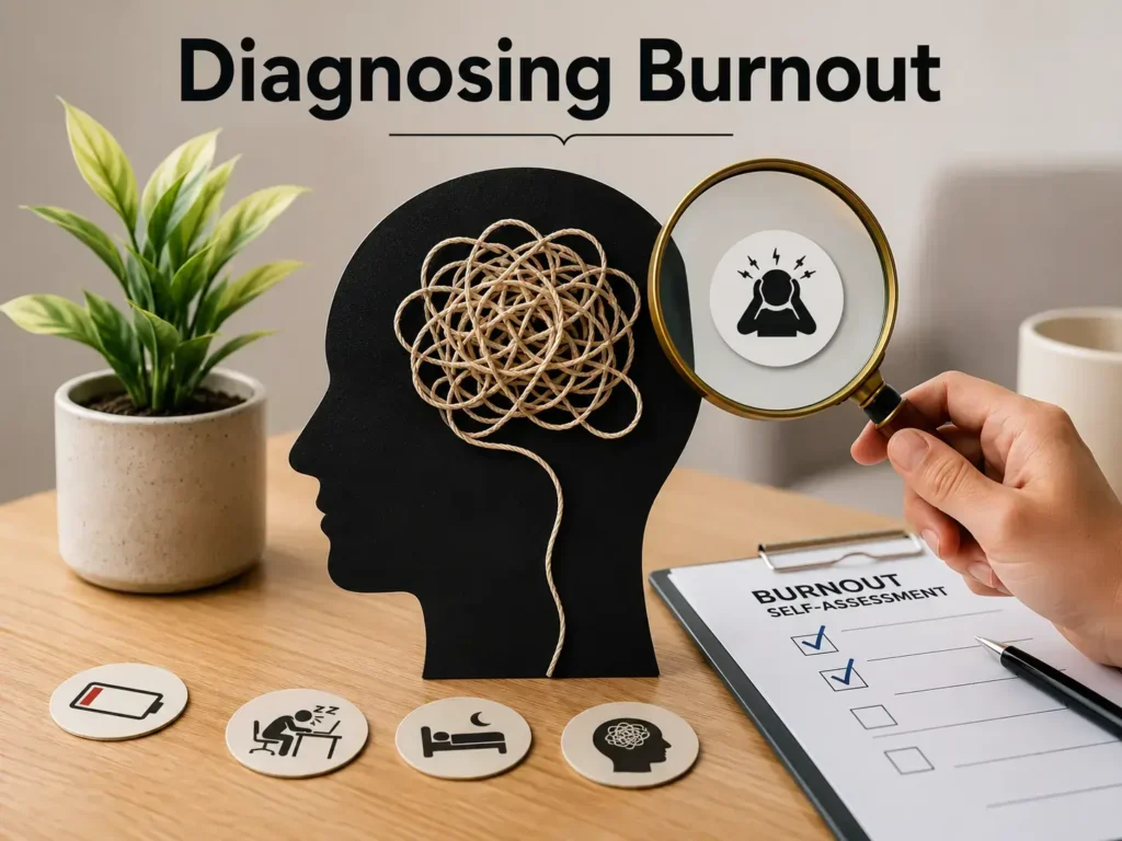 Diagnosing Burnout: head silhouette with tangled rope brain, low battery, magnifying glass on stressed icon, checklist