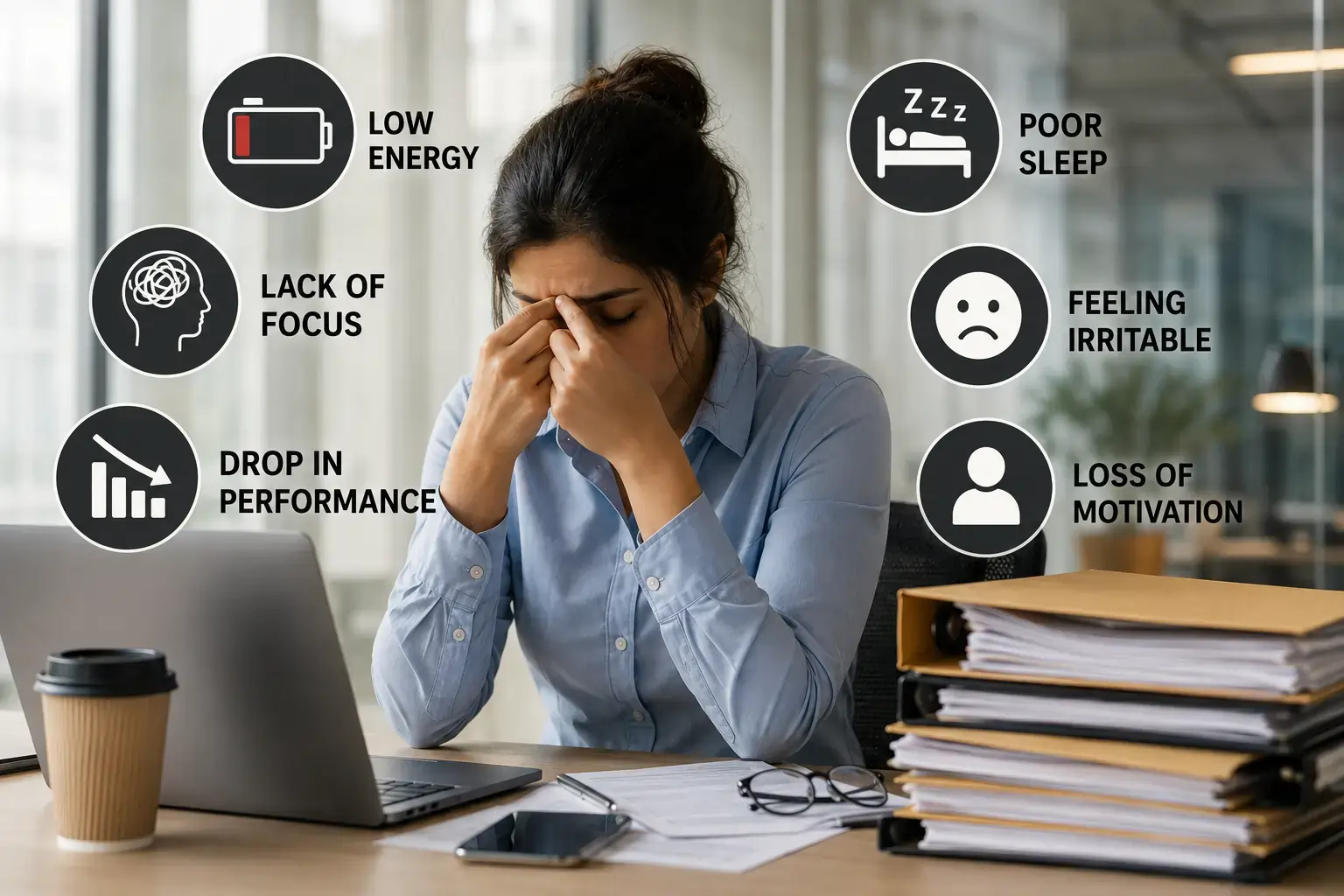Early warning signs of workplace burnout shown by stressed employee at desk with fatigue focus loss and low energy icons mood