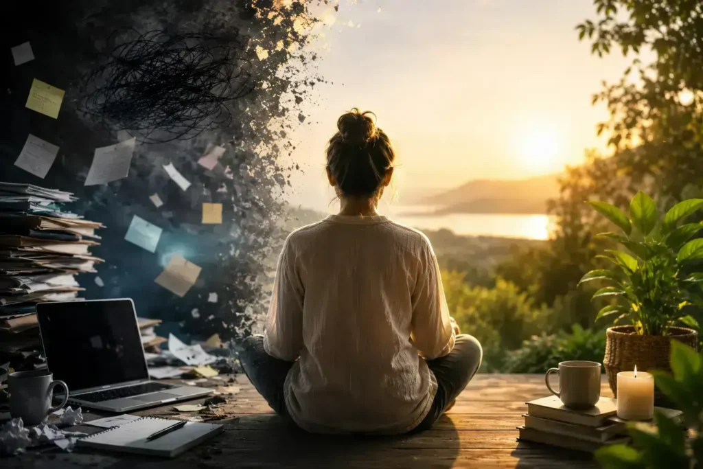 Silhouetted woman sits in meditation facing sunrise as chaotic workspace dissolves into calm, symbolizing burnout recovery.