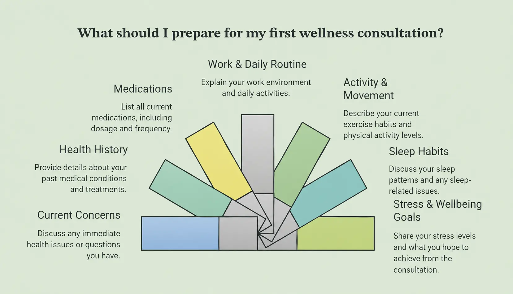 Infographic showing the intake conversation during a comfort consultation, covering health history, medications, daily routine, physical activity, sleep habits, stress, wellbeing goals, and current health concerns.