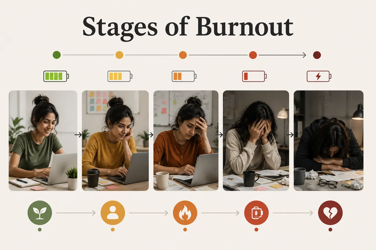 Visual infographic showing Stages of Burnout, tracking Burnout progression from motivation to exhaustion in office workers