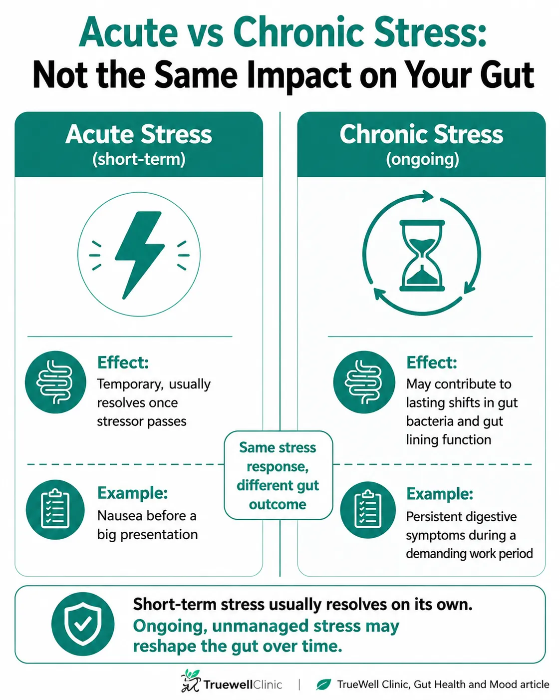 Acute vs chronic stress infographic showing different impacts on gut health, digestion, gut bacteria changes, and stress responses over time.