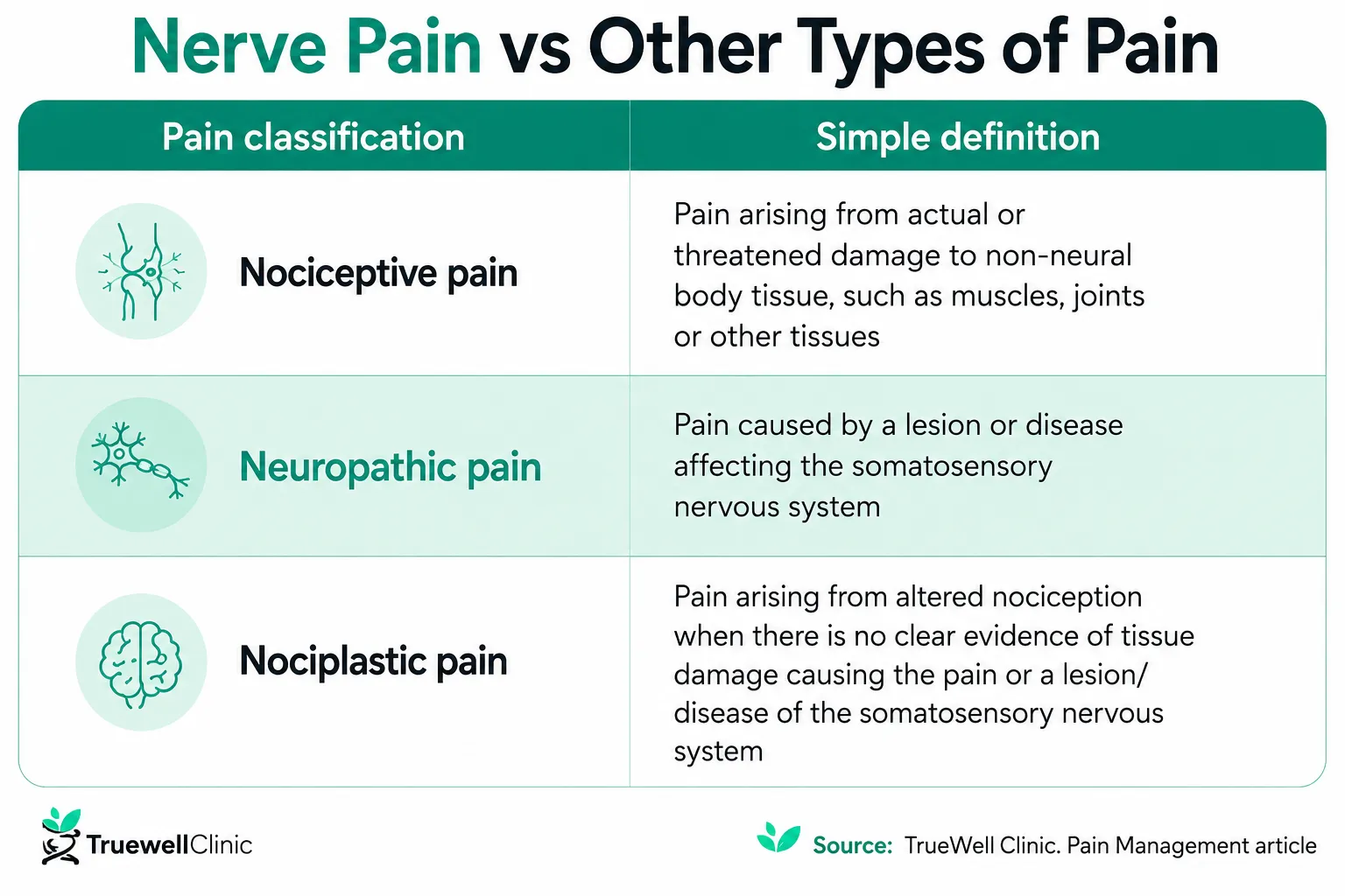 Comparison chart explaining nerve pain vs other types of pain, showing differences between nociceptive, neuropathic, and nociplastic pain classifications with simple definitions