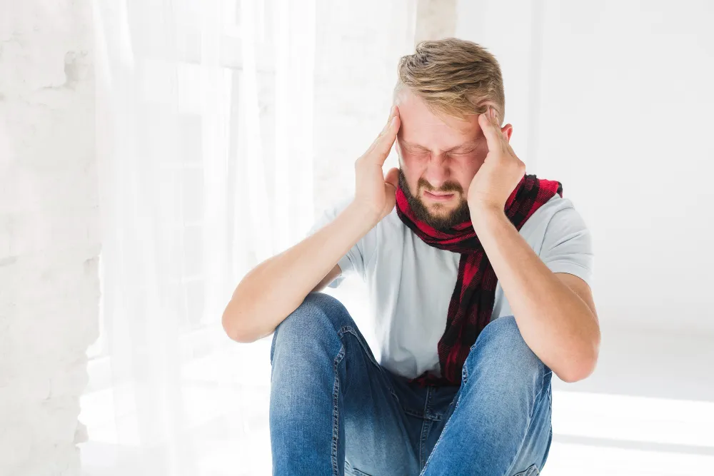 Man experiencing stress and head pain while seated, illustrating everyday anxiety wellness Australia and common anxiety symptoms.
