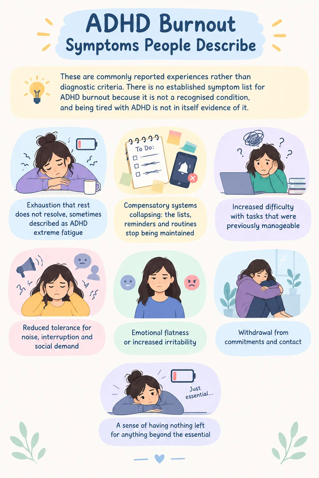 Infographic detailing ADHD burnout symptoms like extreme fatigue, collapsed routines, task difficulty, and emotional flatness.