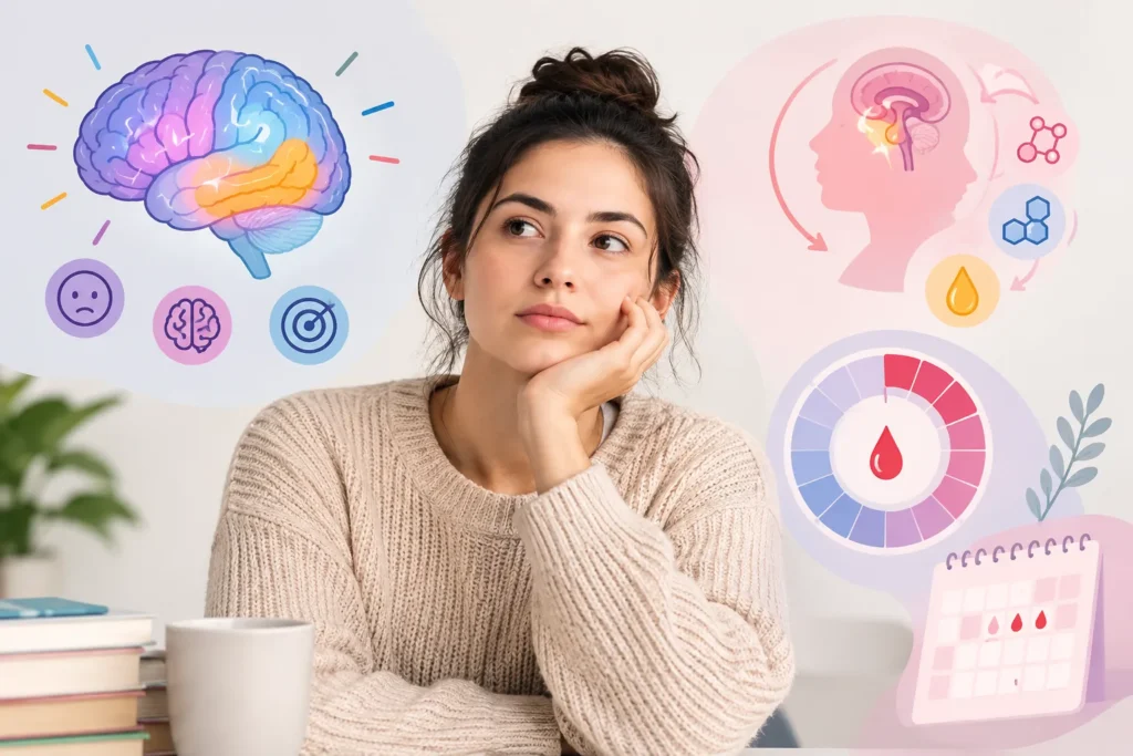 Woman illustrating ADHD, hormones and menstrual cycle effects with brain, hormone, and period tracking icons around her.