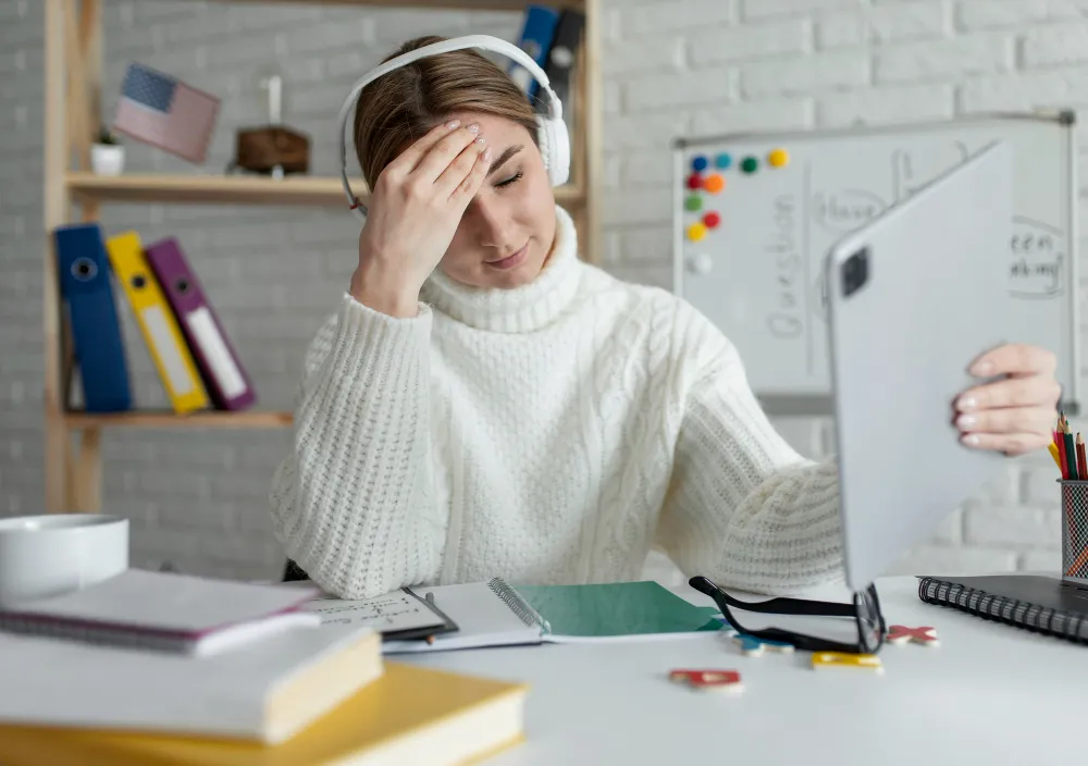 Person overwhelmed while working at a desk, illustrating ADHD hyperfocus and hyperfixation through intense concentration and mental fatigue.