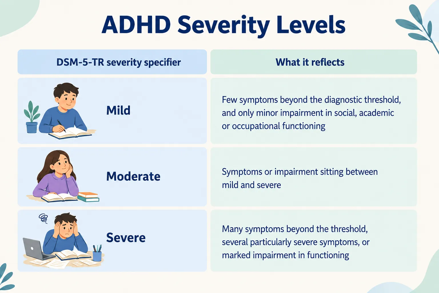 ADHD severity levels infographic showing mild, moderate, and severe symptoms based on the DSM-5-TR severity criteria.