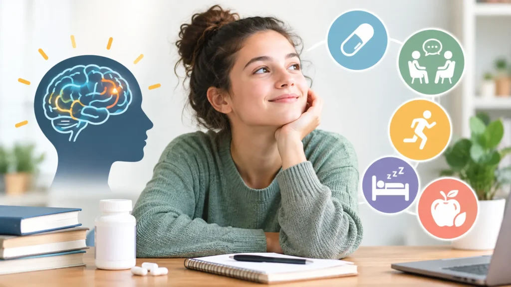Woman considering ADHD treatment options in Australia, with icons for medication, therapy, exercise, sleep, and diet around a brain illustration