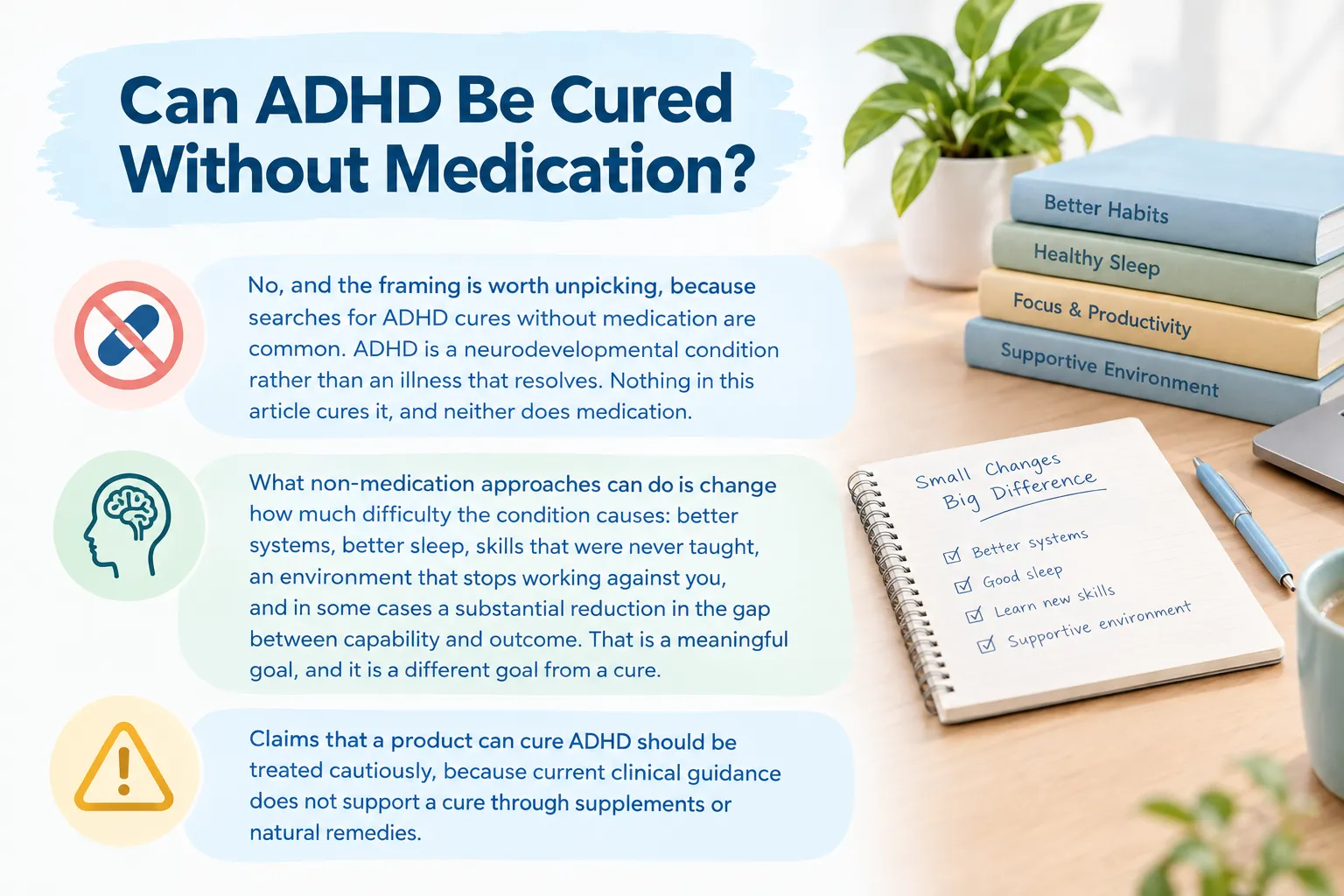 Infographic explaining ADHD can't be cured without medication, alongside a desk with a 'Small Changes, Big Difference' notebook