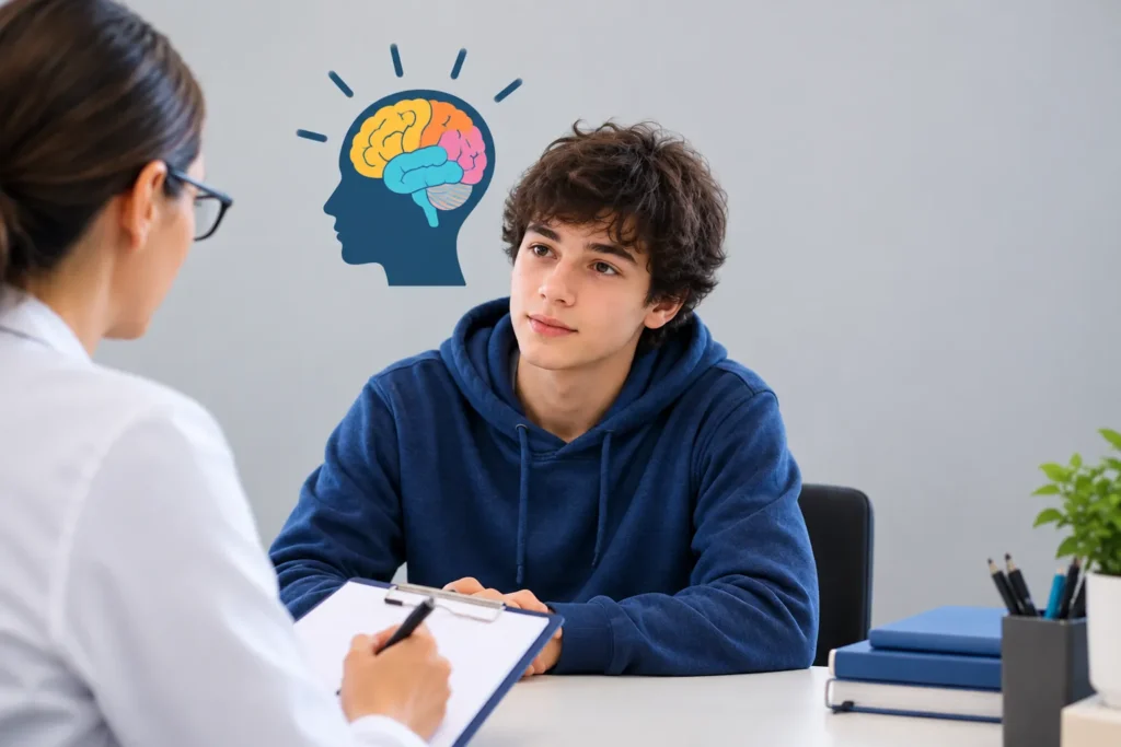 Teenage boy sitting across from a clinician taking notes, with a colorful brain icon overhead, illustrating how ADHD is diagnosed in Australia