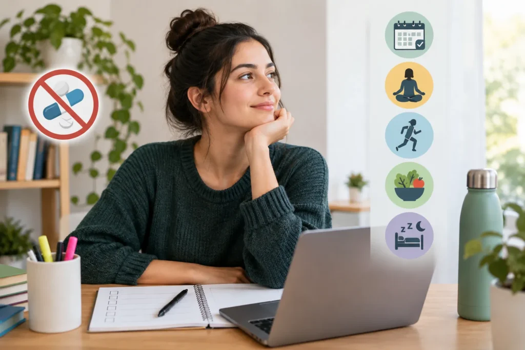 Woman at a desk with planner and lifestyle icons illustrating managing ADHD without medication