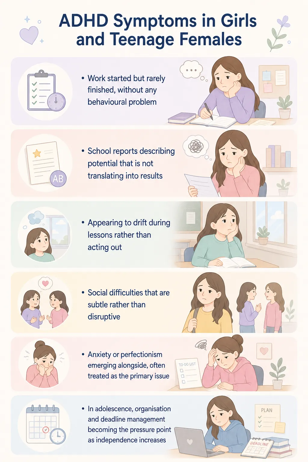 ADHD symptoms in girls and teenage females infographic highlighting inattentive behavior, academic struggles, social difficulties, anxiety, and organization problems.