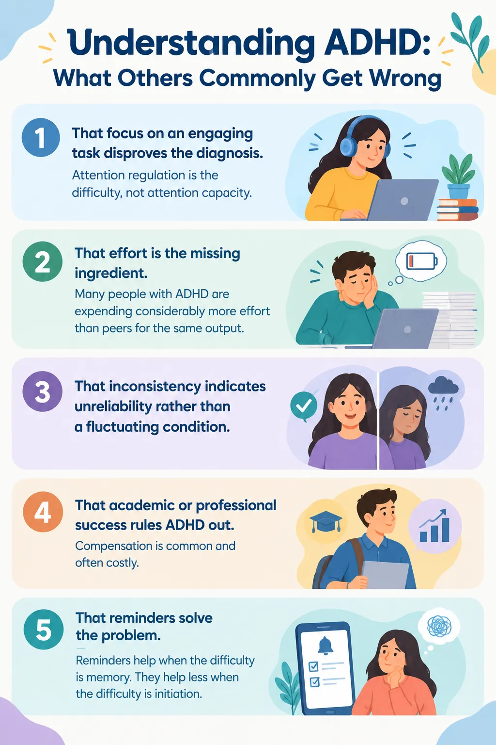 Infographic explaining common misunderstandings about ADHD, including myths about focus, effort, inconsistency, success, and the role of reminders in managing attention challenges.