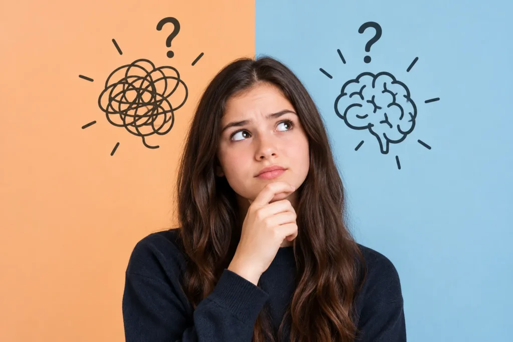 Teen girl comparing confusion and brain concepts, representing challenges of undiagnosed, misdiagnosed, and overdiagnosed ADHD.