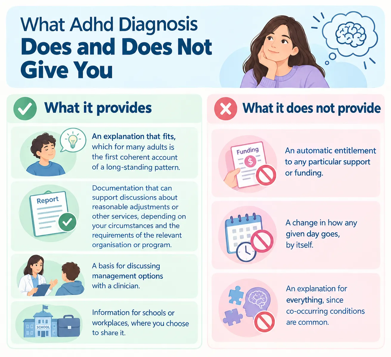 Infographic comparing what an ADHD diagnosis does and does not provide, from explanation and documentation to funding
