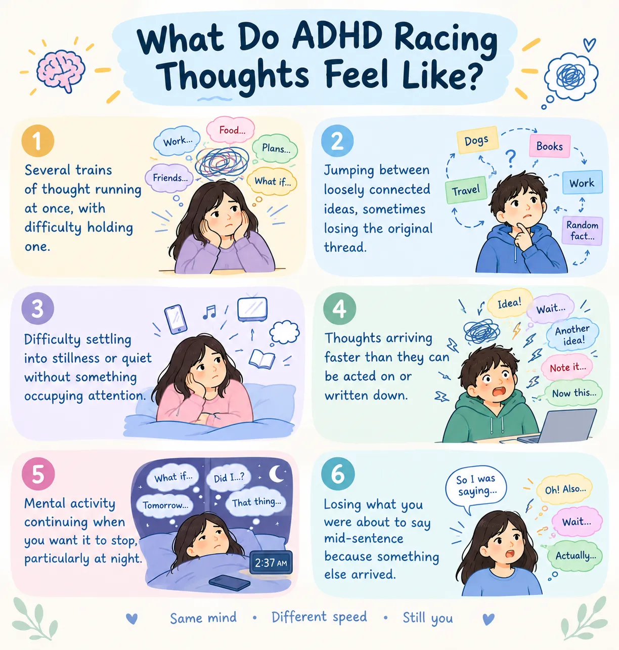 Infographic illustrating six ways ADHD racing thoughts feel, including jumping ideas, sensory noise, and nighttime overthinking.