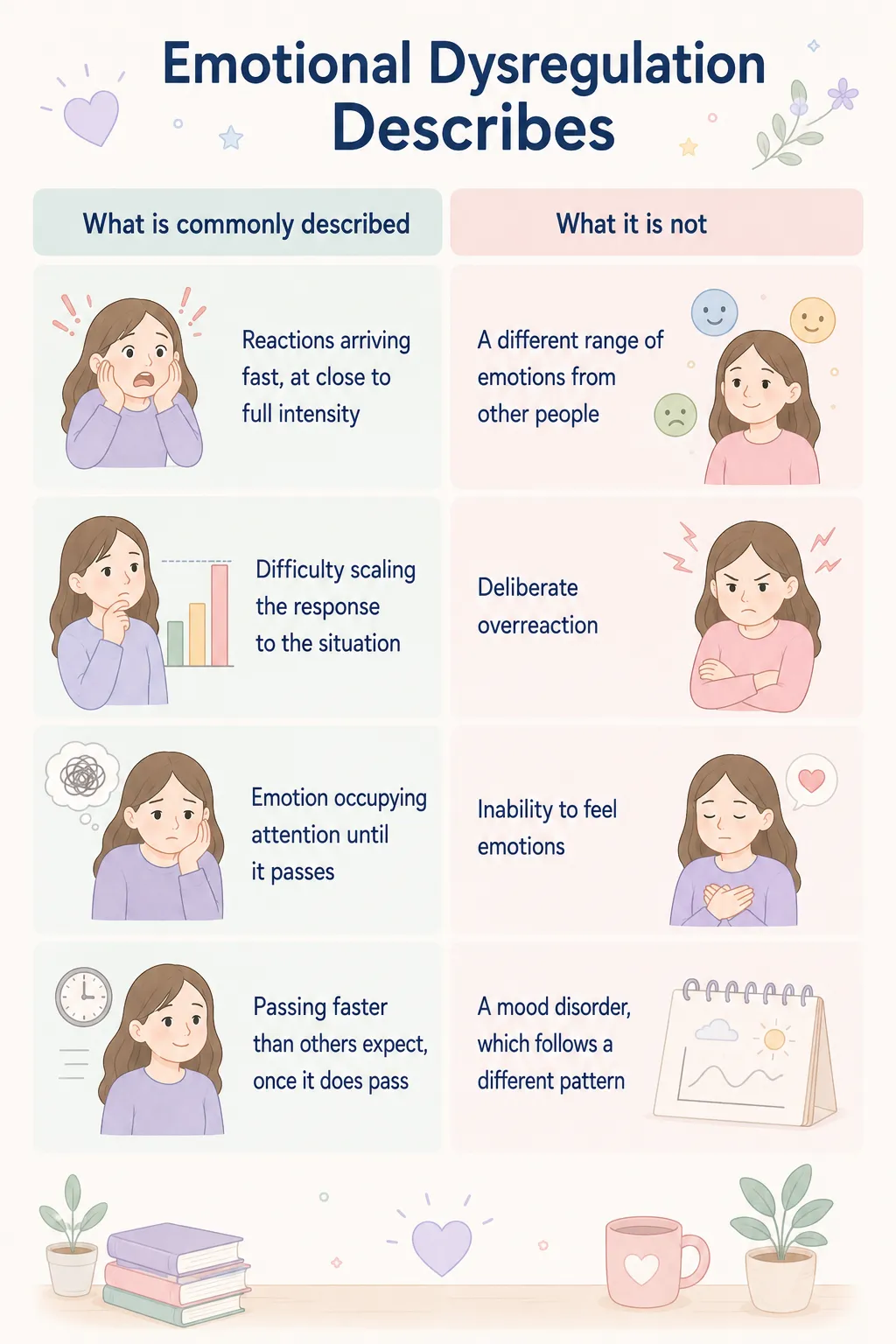 Emotional dysregulation infographic showing intense emotions, difficulty controlling reactions, emotional regulation challenges, and common misconceptions.