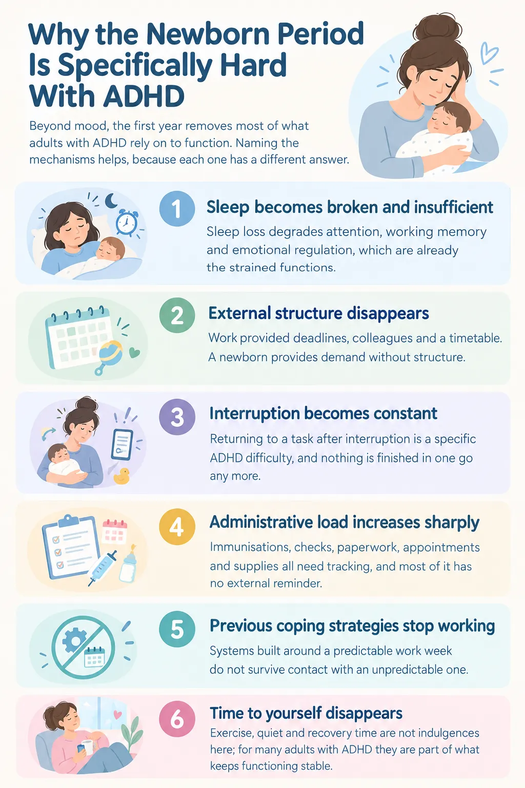 Infographic showing why the newborn period is challenging with ADHD, including sleep loss, disrupted routines, and daily demands