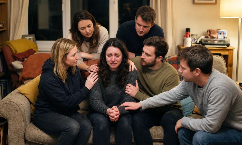 People offering emotional support to a distressed person during a group conversation, representing ADHD relationship challenges, understanding, communication and support from partners and friends.