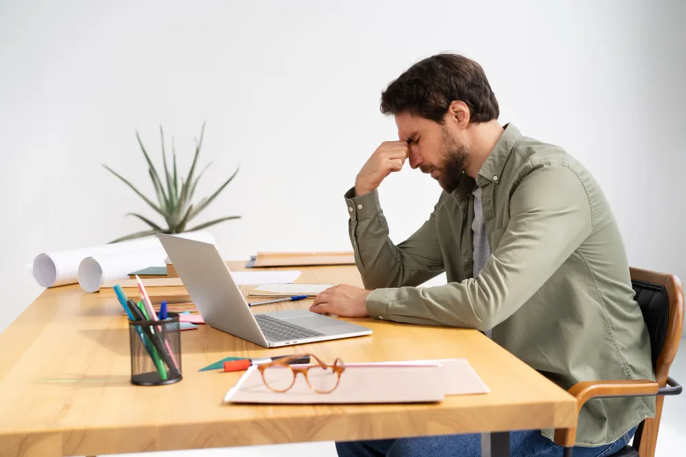 Adult professional experiencing workplace stress while working on a laptop, highlighting challenges and support needs related to ADHD at work, accommodations and productivity.