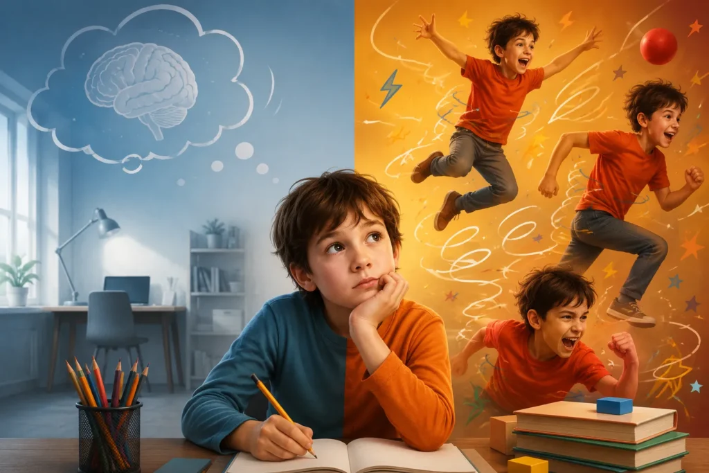 Combined and Hyperactive-Impulsive ADHD Explained infographic showing inattentive symptoms, hyperactivity behaviors, focus challenges, and ADHD brain differences in children